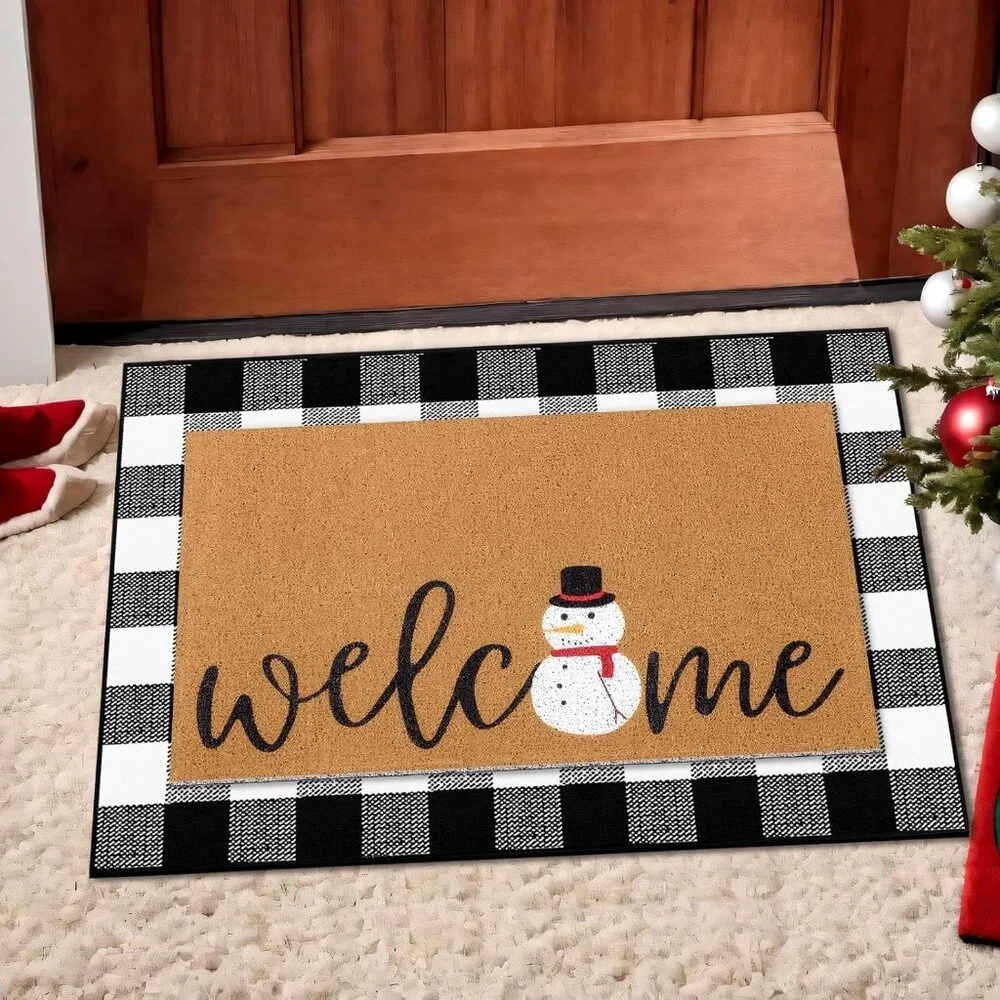 Elegant 2-Piece Doormat Set: Snowman and Buffalo Plaid - Indoor/Outdoor Charm